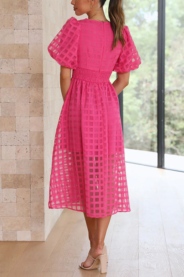 Remarkable Beauty Square Patterned Fabric Puff Sleeve Midi Dress