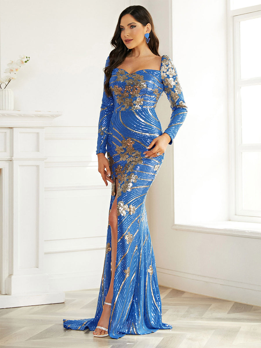 Backless Split Blue Prom Dress XJ2626