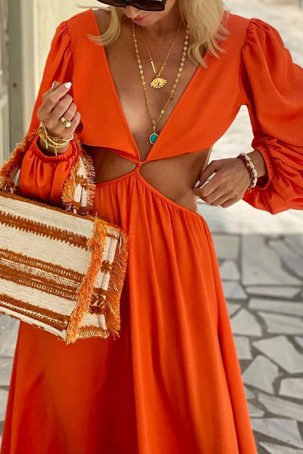 Orange Summer Cut Out Waist Balloon Sleeve Maxi Dress