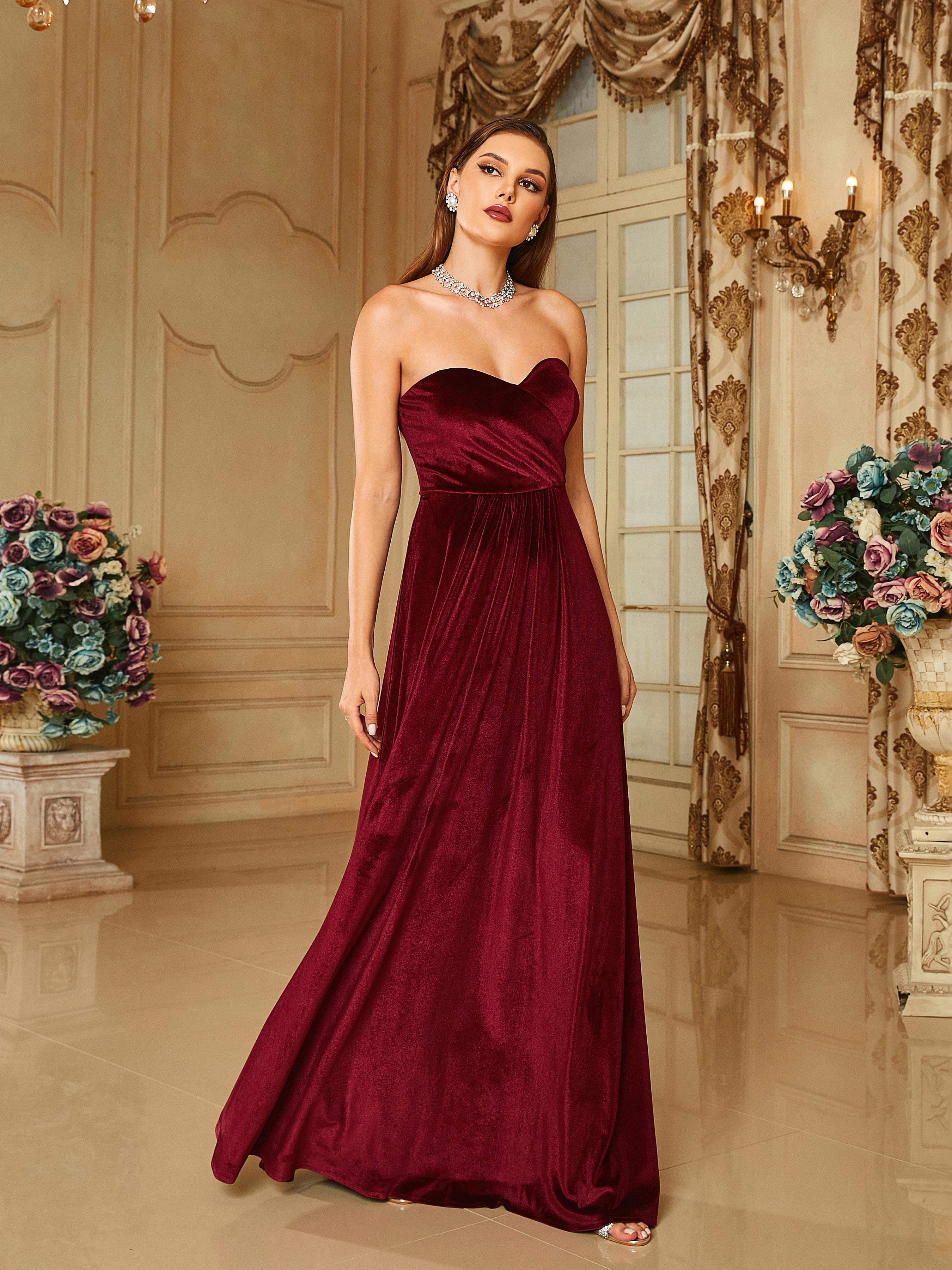 Formal Strapless A-Line Velvet Burgundy Ball Gown RJ10397