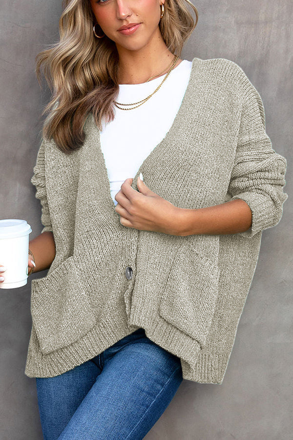 Button Front Pocketed Loose Fit Knitted Cardigan