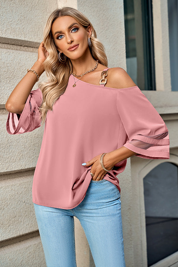 Judith Metal Buckle One Shoulder Mesh Sleeve Blouse