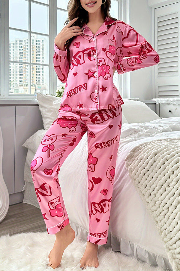 Eye Catching Printed Lapel Pocket Button Lounge Pant Suit