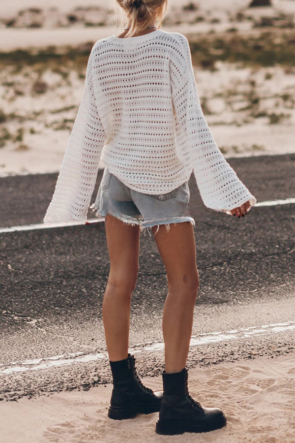 Living Easy Knit Bell Sleeve Hollow Out Relaxed Top