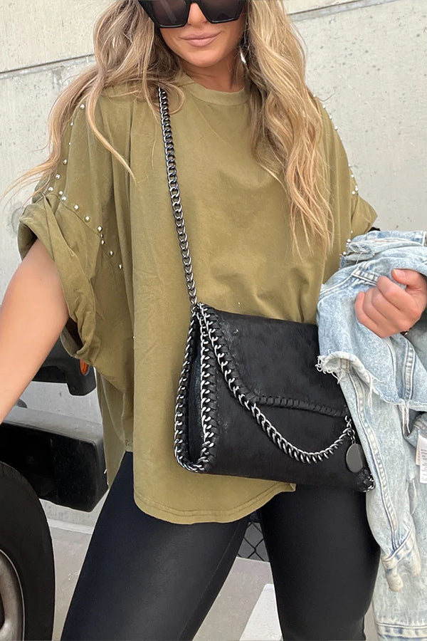 WASHED ROLL UP SLEEVE STUDDED OVERSIZED TEE