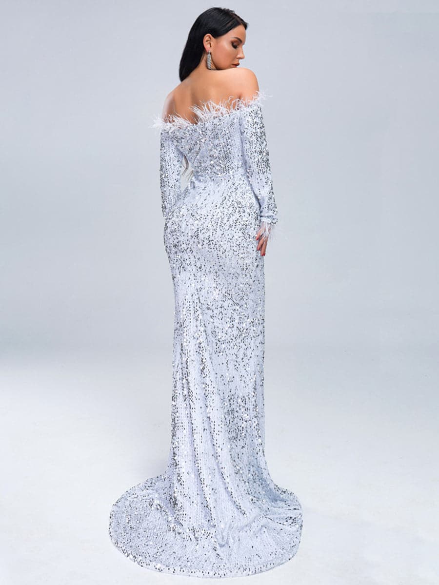 Off The Shoulder Feather Sequin Evening Dress FT19005