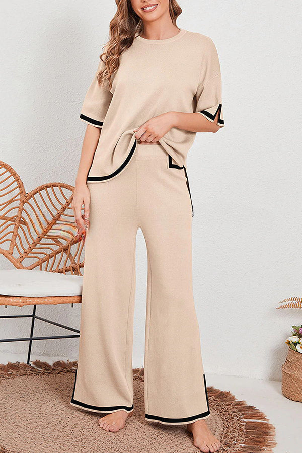 Lounge or Casual Wear Knit Patchwork Color Block Short Sleeve Top and Elastic Wide Leg Pants