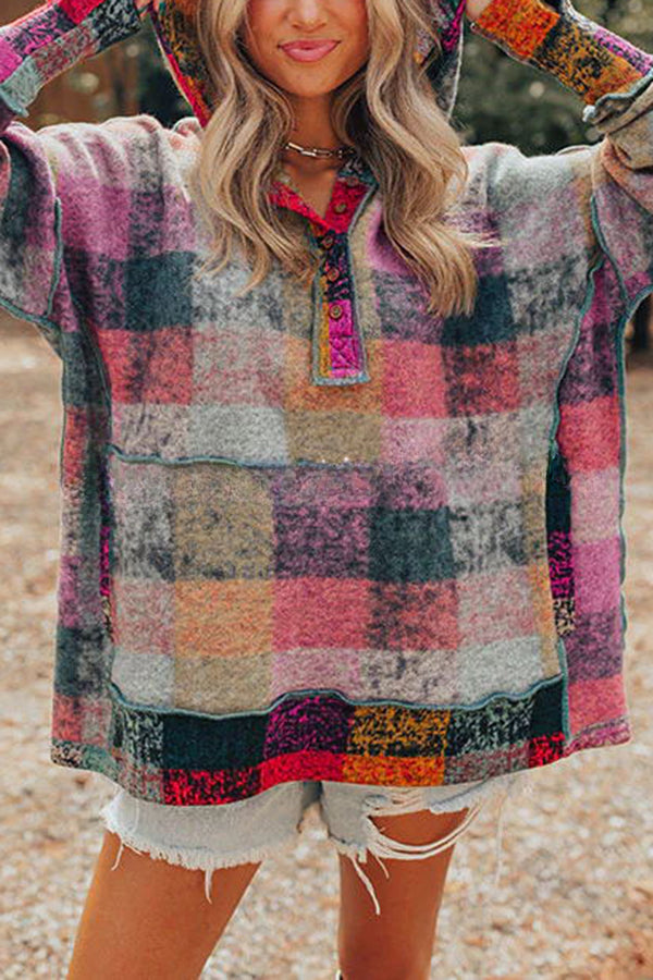 Brighten Up Your Day Hot Plaid Print Kangaroo Pocket Loose Hoodie