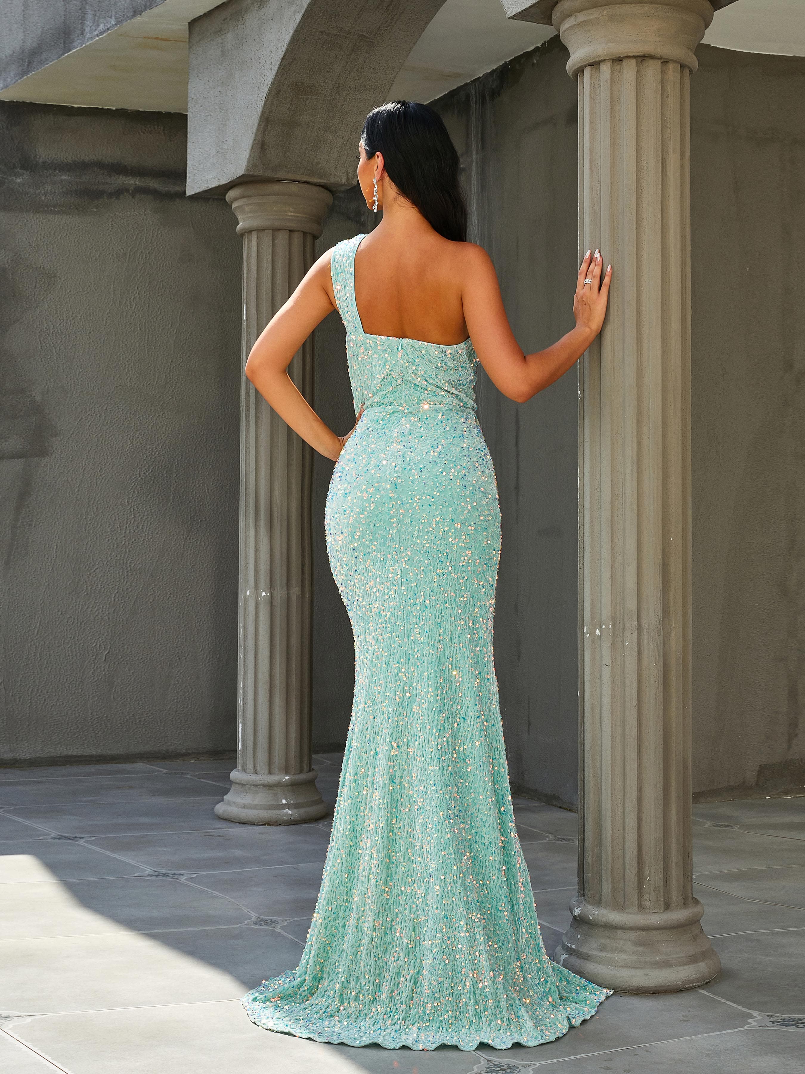 One Shoulder Backless Pleated Mermaid Split Prom Dress XJ2614