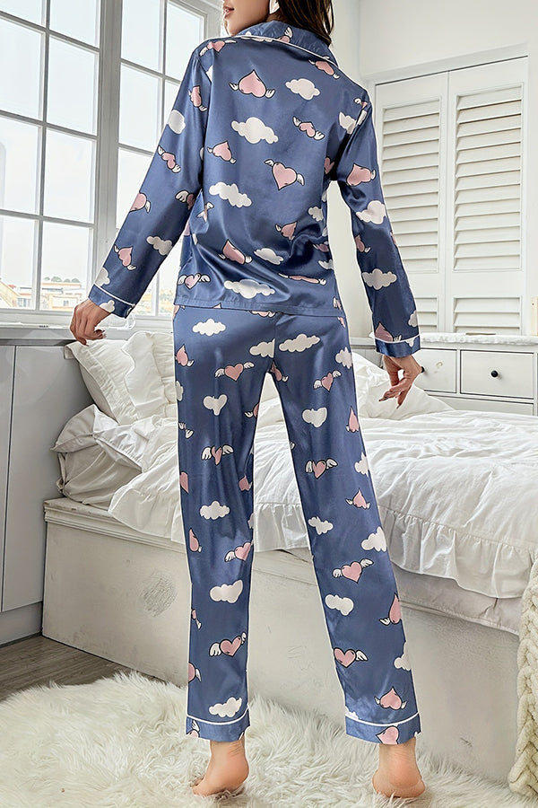 Beautifully Printed Lapel Pocket Button Lounge Pant Suit