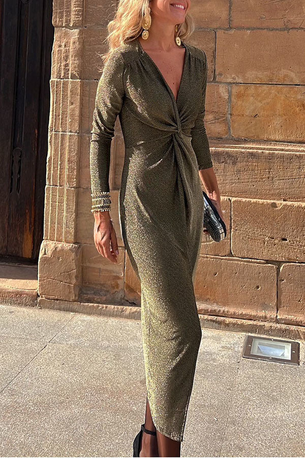 Outshine You Metallic Center Front Kink Slit Stretch Midi Dress