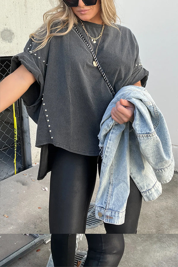 WASHED ROLL UP SLEEVE STUDDED OVERSIZED TEE