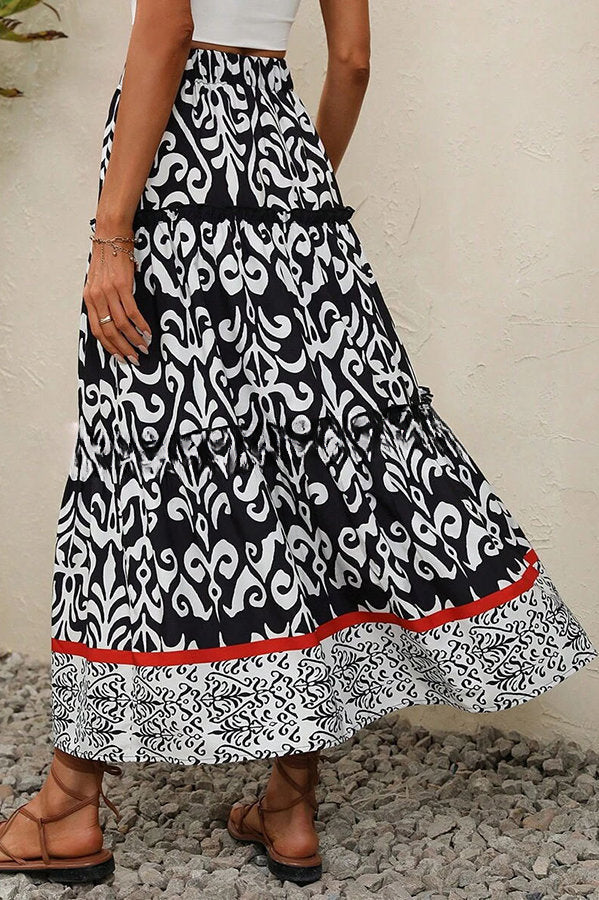 Rosine Ethnic Print Elastic Waist Tiered Midi Skirt