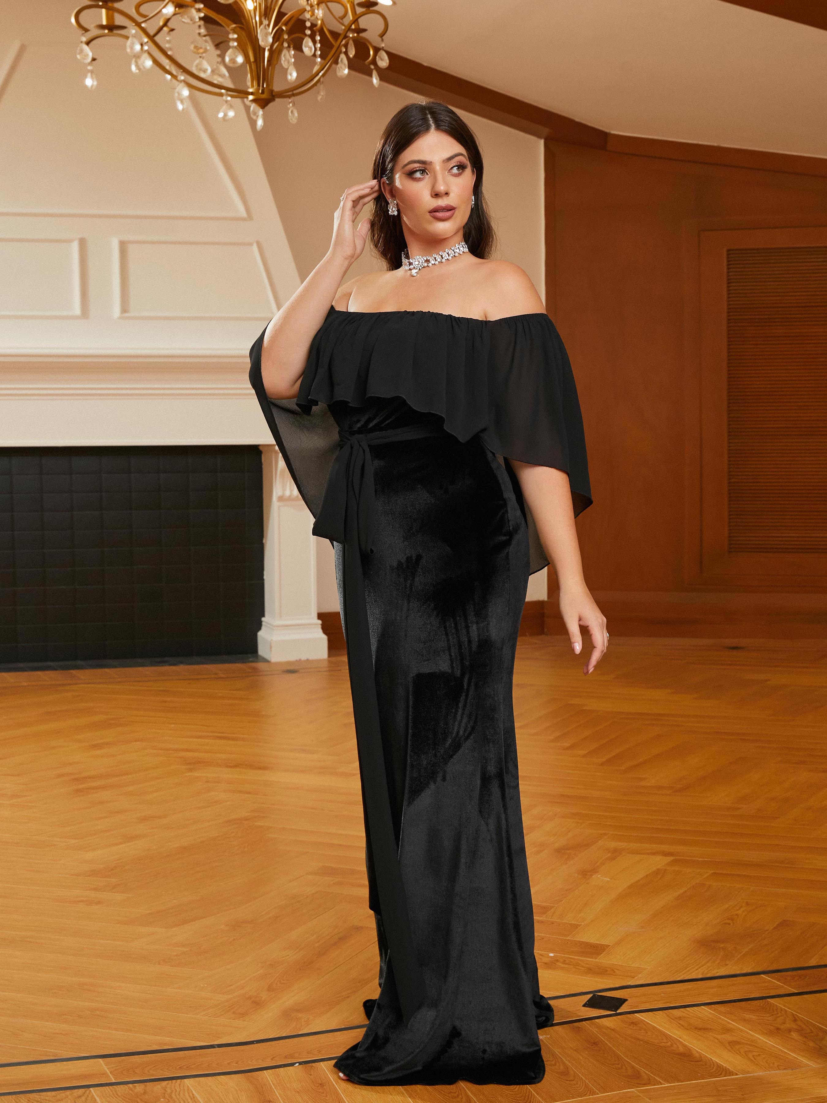 Plus Size Off Shoulder Velvet Black Evening Dress PRM20805