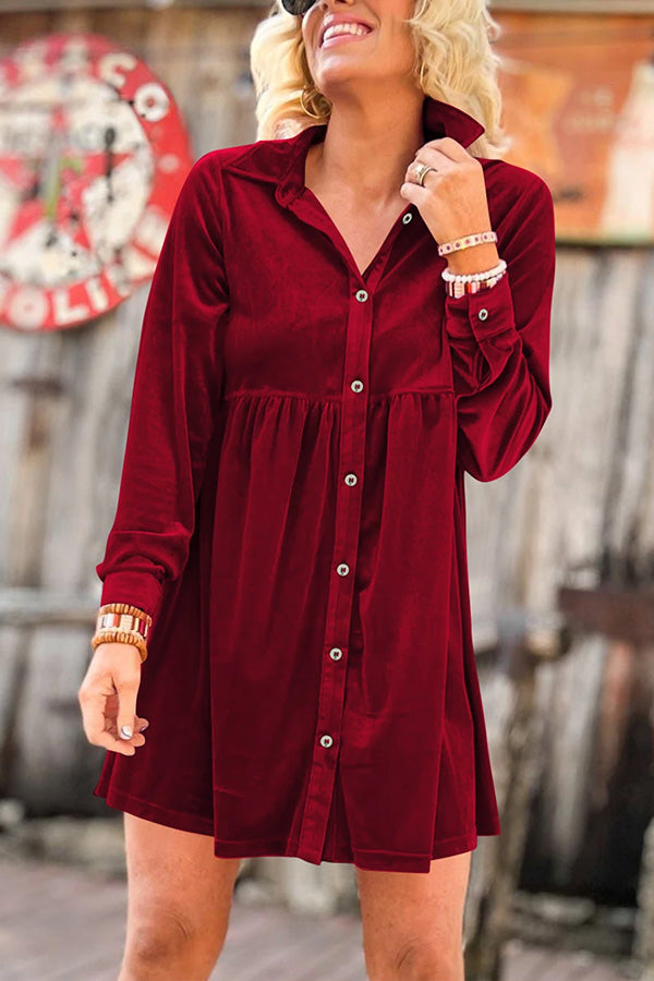 Long Sleeve Ruffle Velvet Button Up Shirt Dress