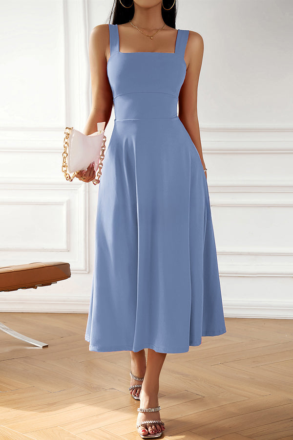 Solid Color Suspender High Waist Strappy Midi Dress