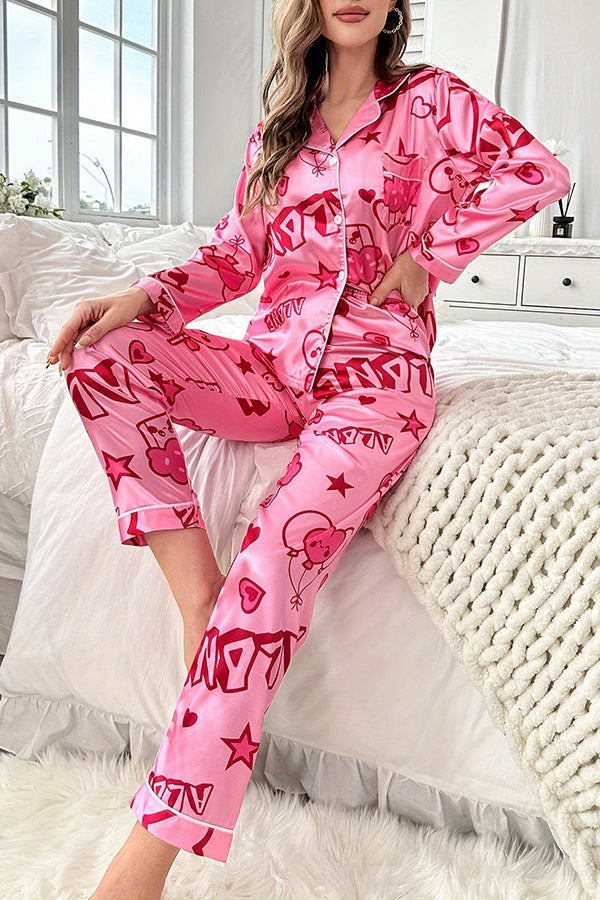 Eye Catching Printed Lapel Pocket Button Lounge Pant Suit