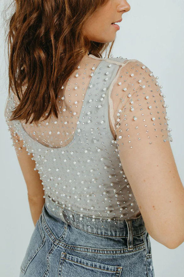 Rhinestone & Pearls Short Sleeve Mesh Crop Top