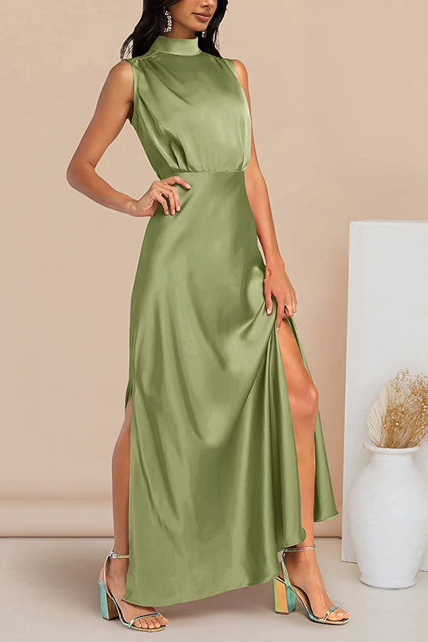 The Story of Us Satin High Neck Slit Maxi Dress