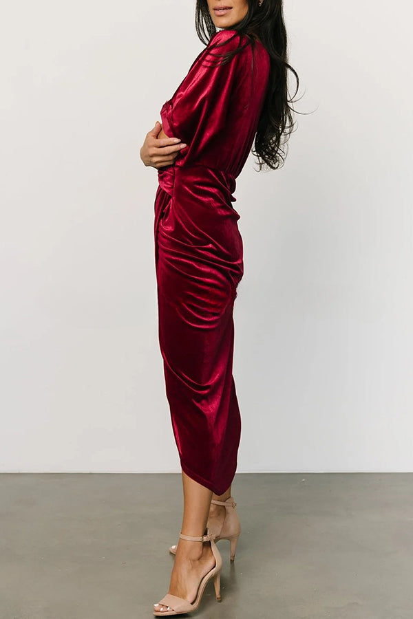 Brendy V Neck Half Sleeve Velvet Pleated Midi Dress