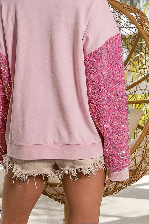 Pink Nutcracker Sequined Sleeve Patchwork Sweatshirt