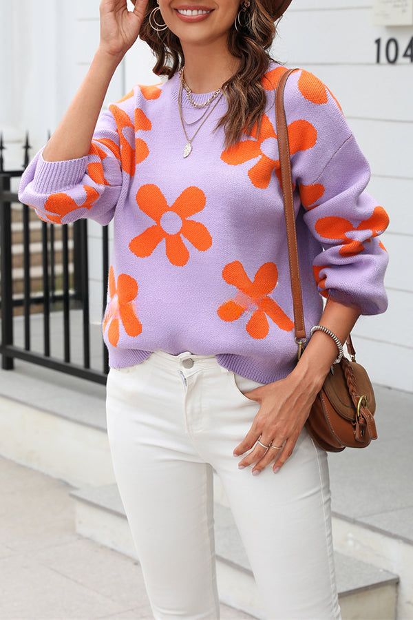 Floral Print Color Block Pullover Long Sleeve Sweater