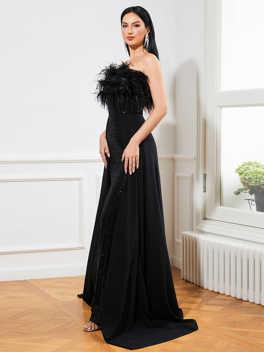 Feather Draped Sequin Formal Dress RJ10034