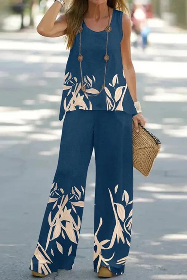 Simply Flourishing Printed Loose Tank and Wide Leg Pants Set