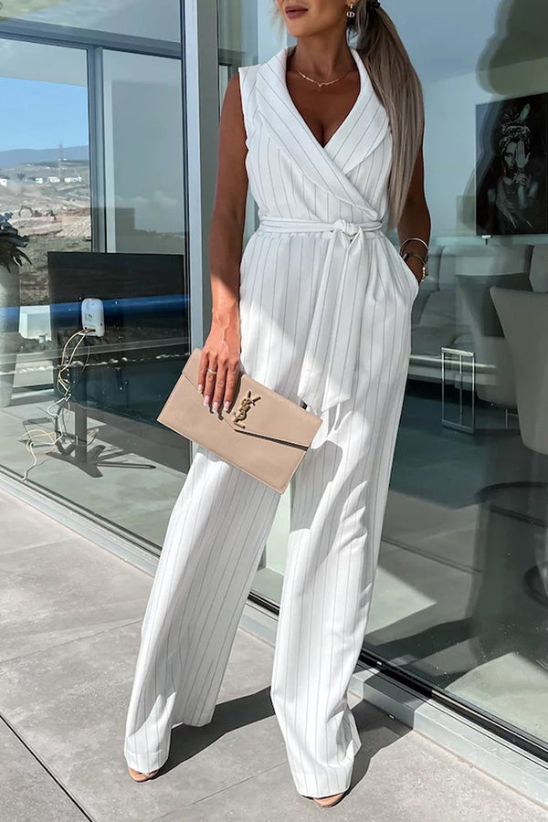 Gracie Wrap Lapel V-neck Tie Waist Pocketed Jumpsuit