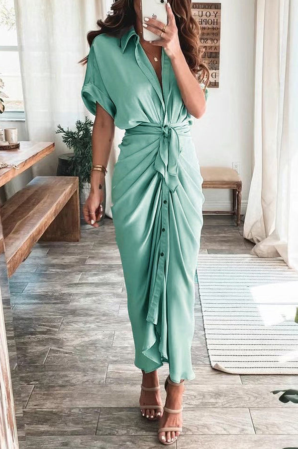 Amazing, Satin Button Down Style Drape Dress