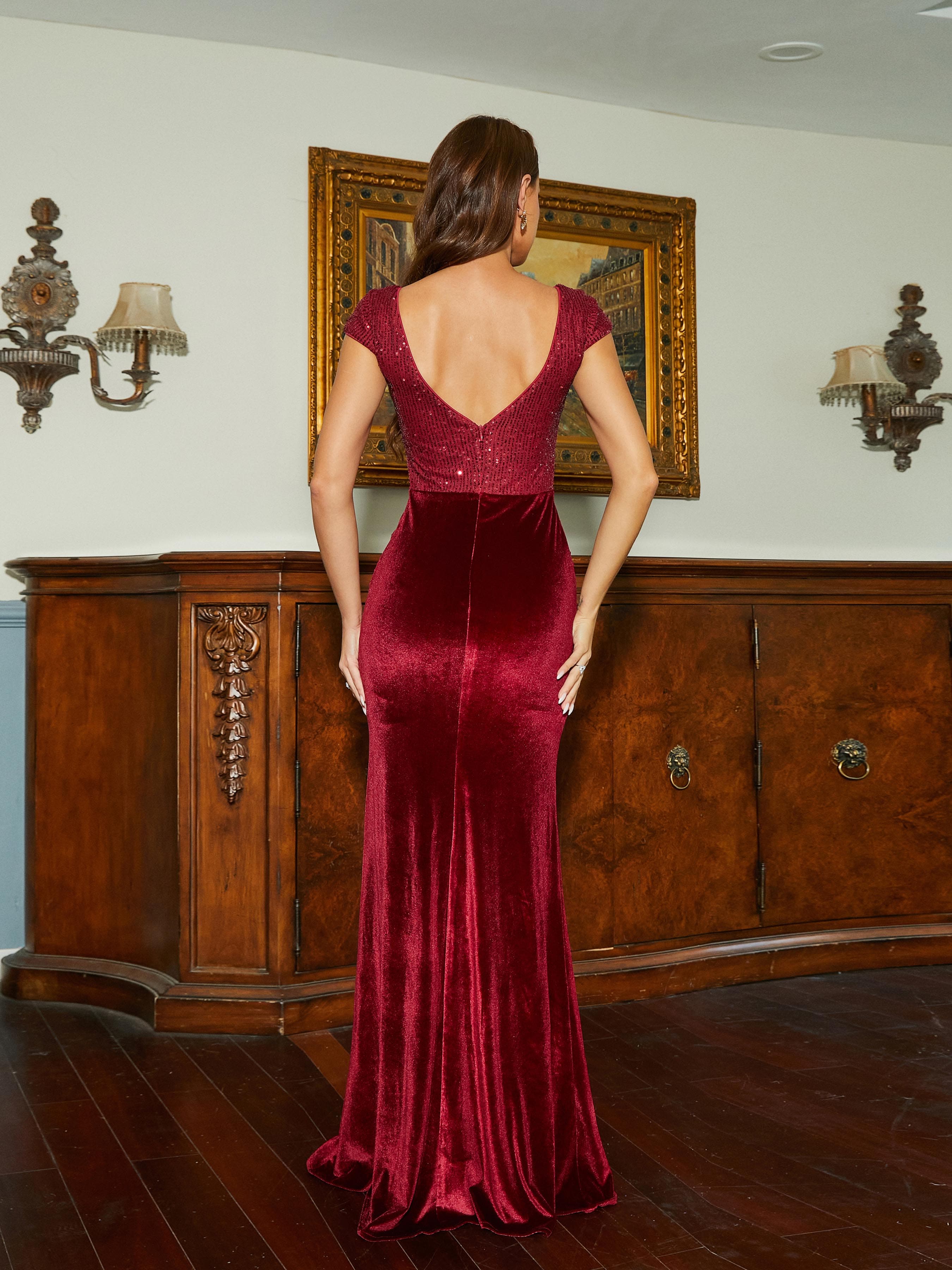 Open Back Panel Velvet Wine Cutout Evening Dress RM20547