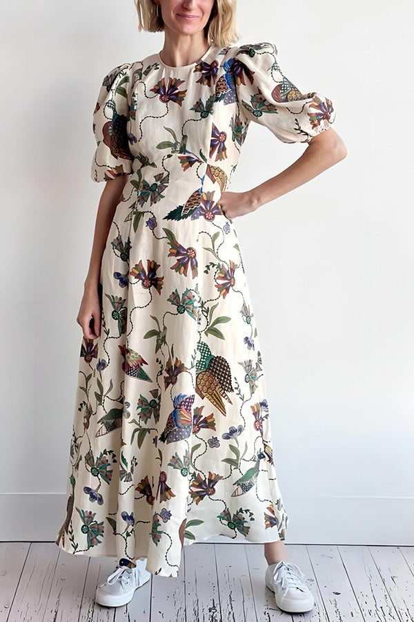 Level Up Floral Heaven Bird Print Puff Sleeve Midi Dress