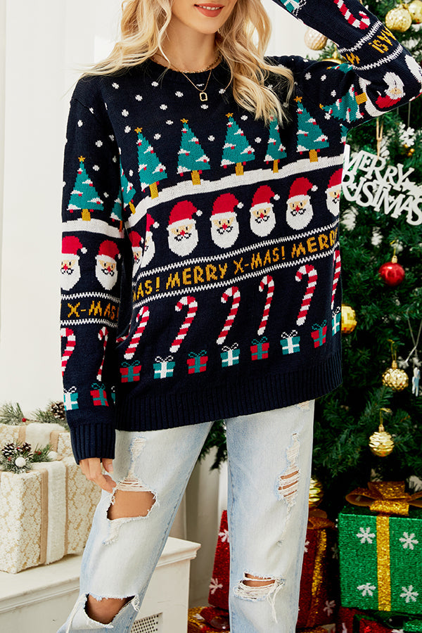 Christmas Print Crew Neck Long Sleeve Sweater