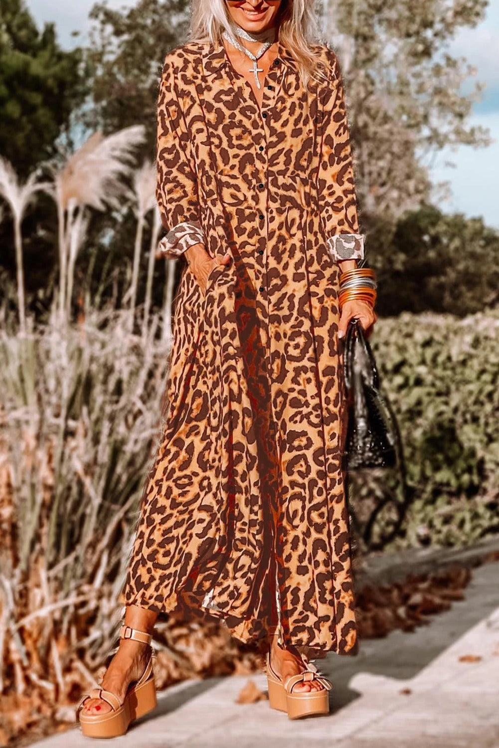 Leopard Print Button-Up Long Sleeve Maxi Dress