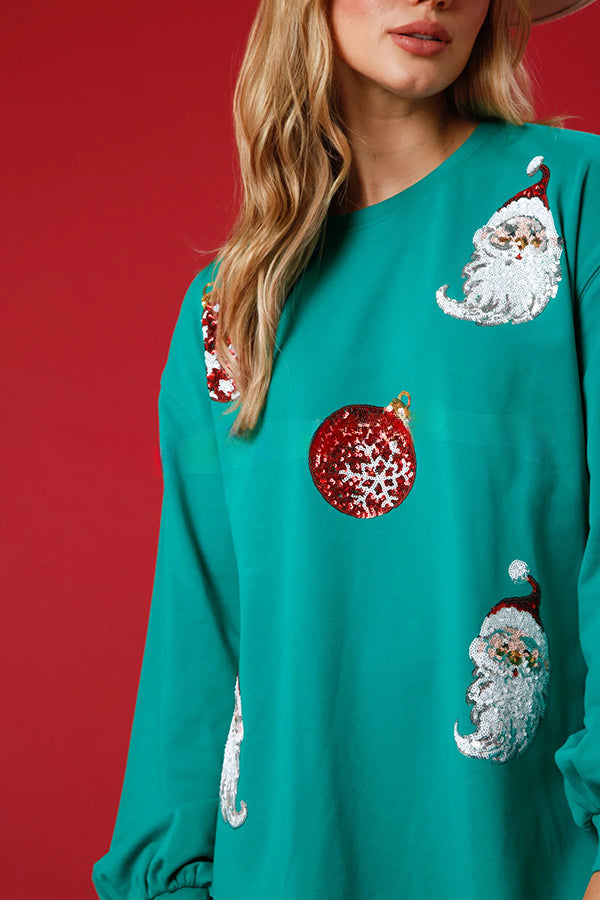 Santa Sequin Pullover Long Sleeve Pocket Mini Dress