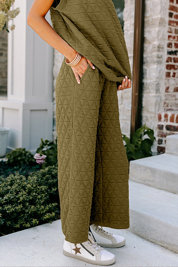 Quilted Textured Short Sleeve Top and Wide Leg Pants Set