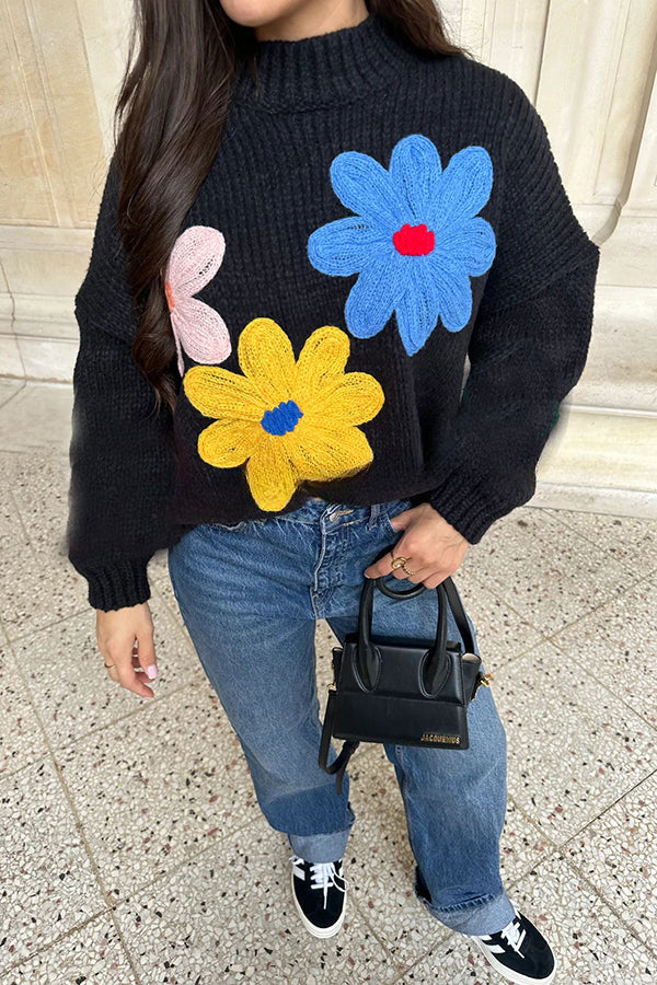 Sun Kissed Knit Colorful Floral Turtleneck Pullover Sweater