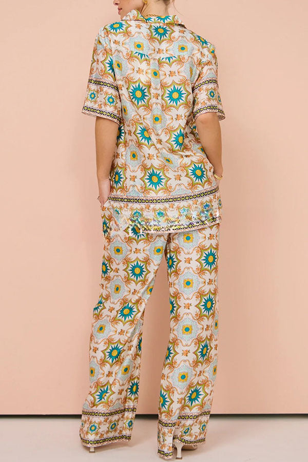 Weekend Adventures Unique Mosaic Print Button Up Shirt and Elastic Waist Pants Set