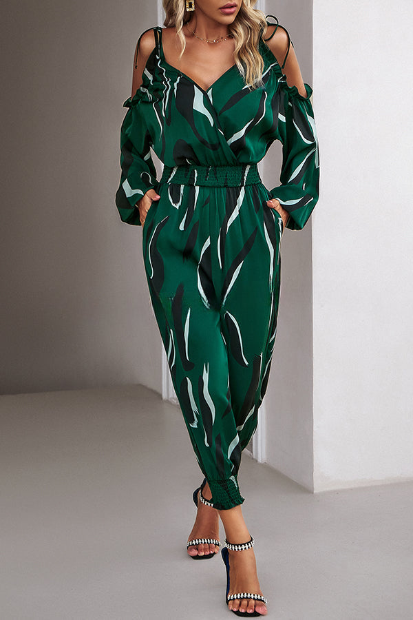 Graphic Print Stretch Waist Tie Long Sleeve Jumpsuit