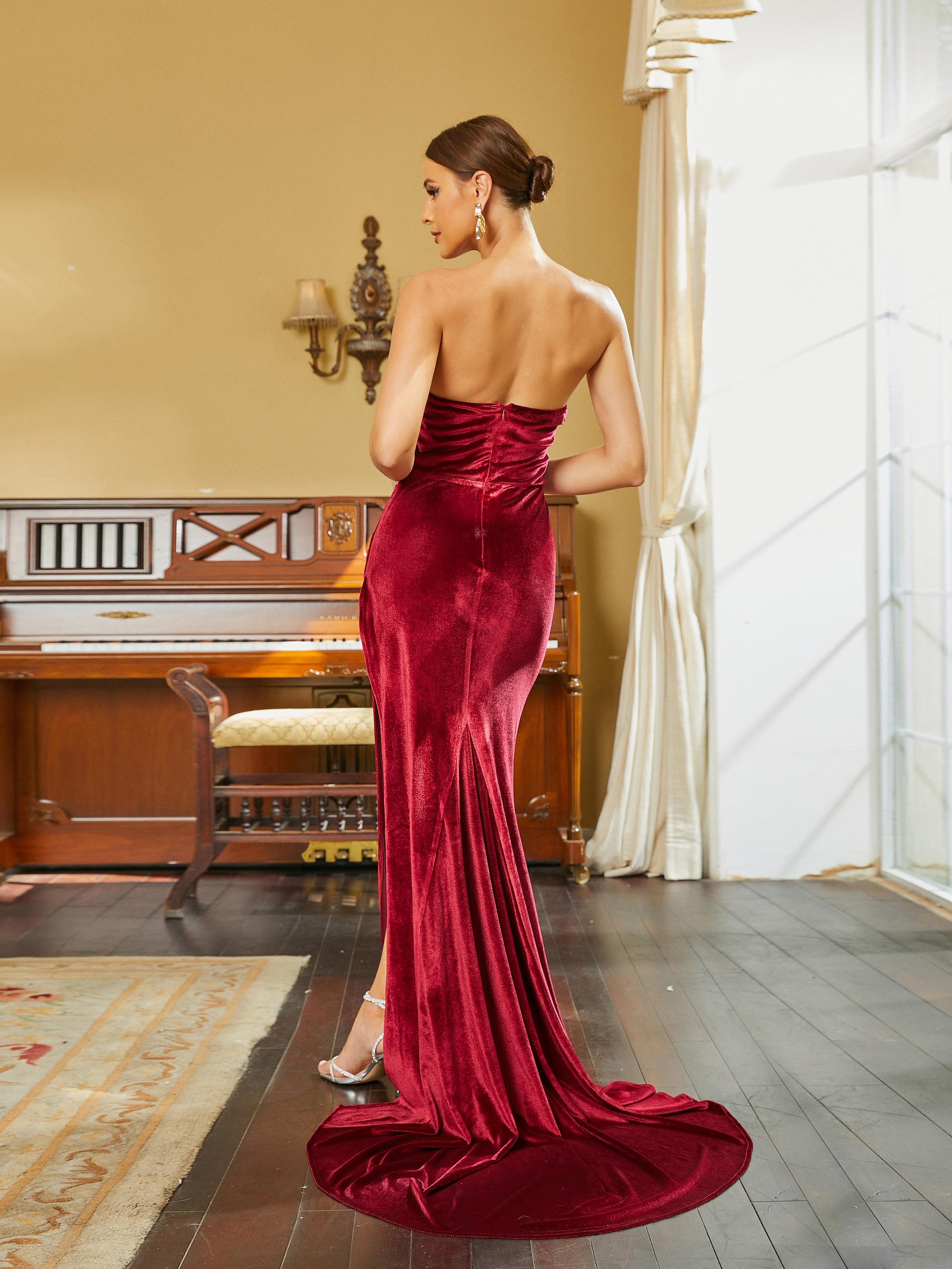 Strapless High Split Velvet Maxi Wine Prom Dress RJ10302