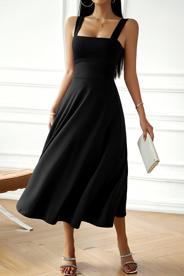 Solid Color Suspender High Waist Strappy Midi Dress