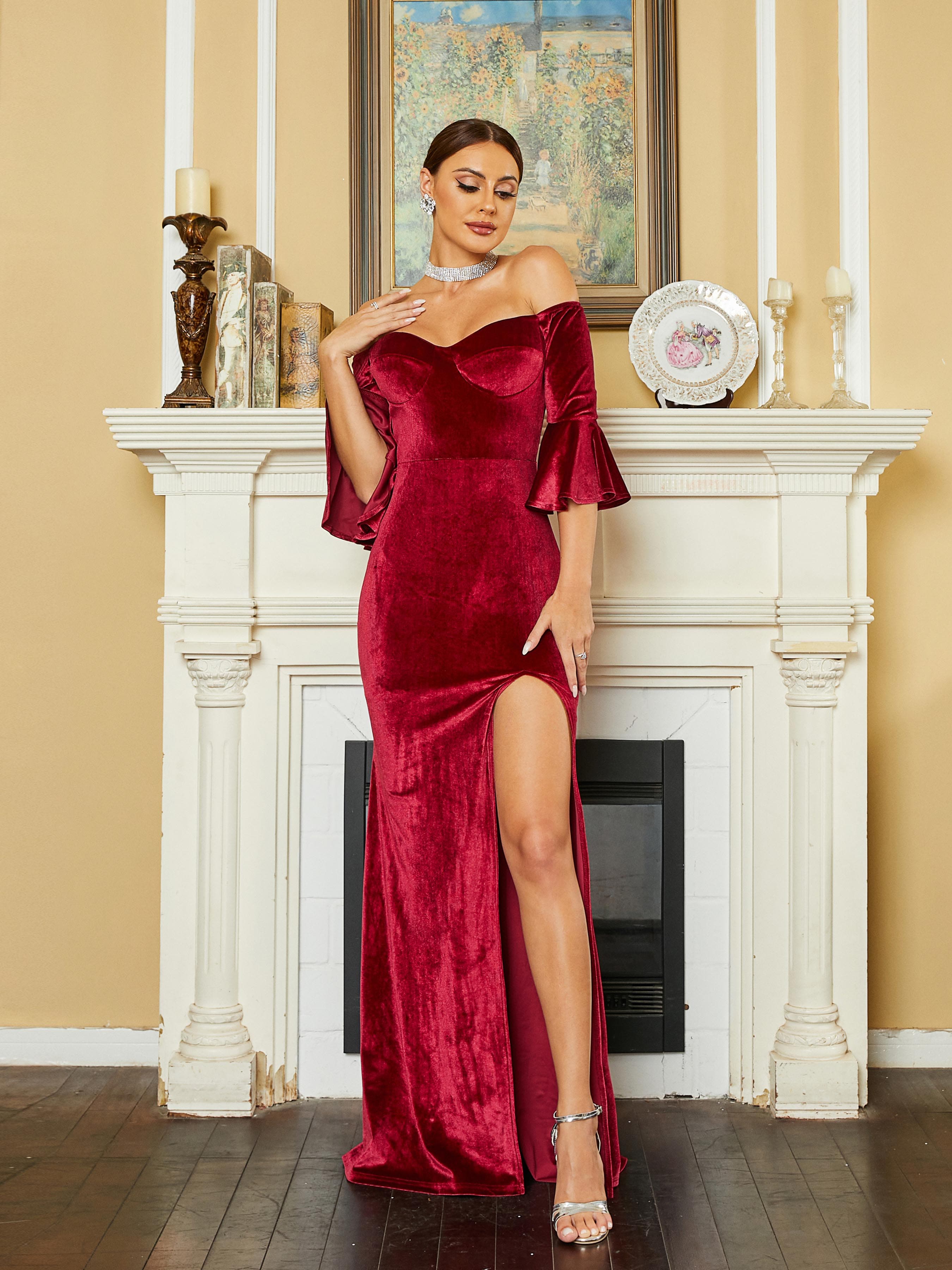 Off Shoulder Corset High Split Velvet Wine Evening Dress RM20607