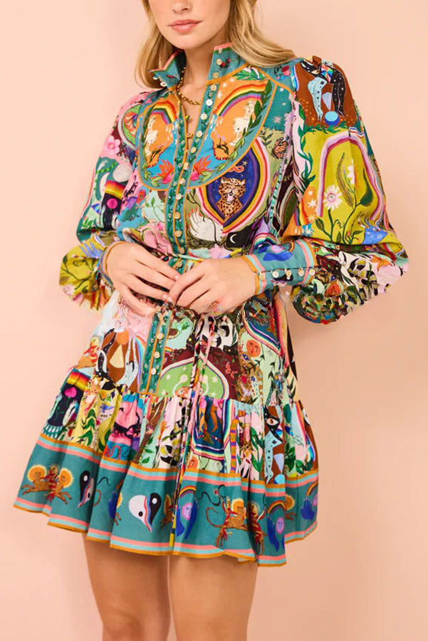 Touch of Luxury Unique Print Balloon Sleeve Button Shirt Mini Dress