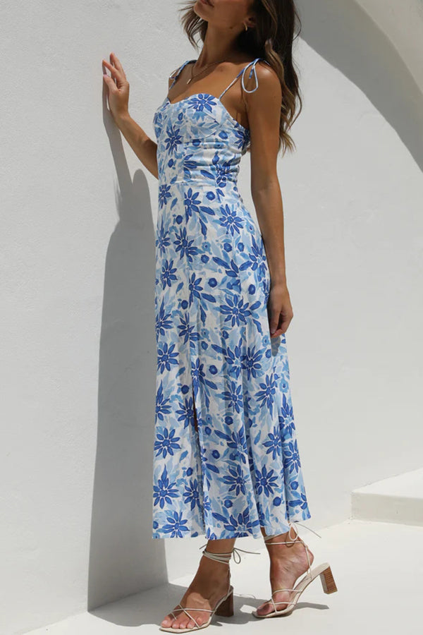 Like A Melody Printed Smocked Back Slit Midi Dress