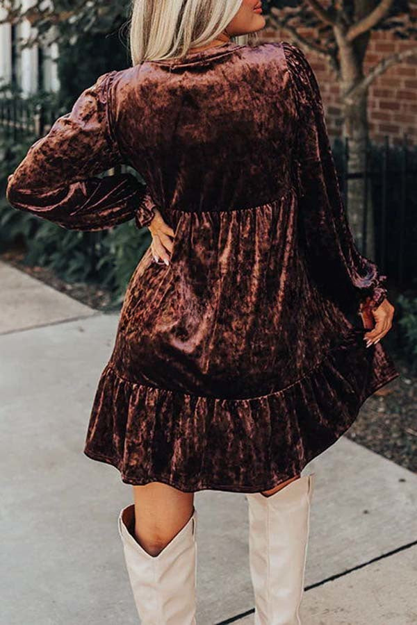 Sociable Chic Velvet V Neck Long Sleeve Babydoll Dress