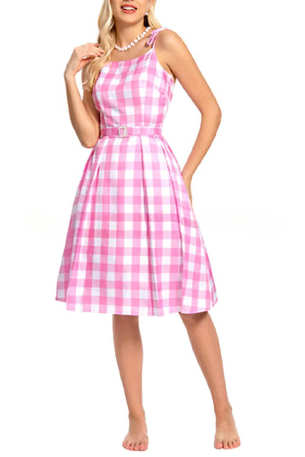 Barbie Pink Plaid Printed Cami Midi Dress