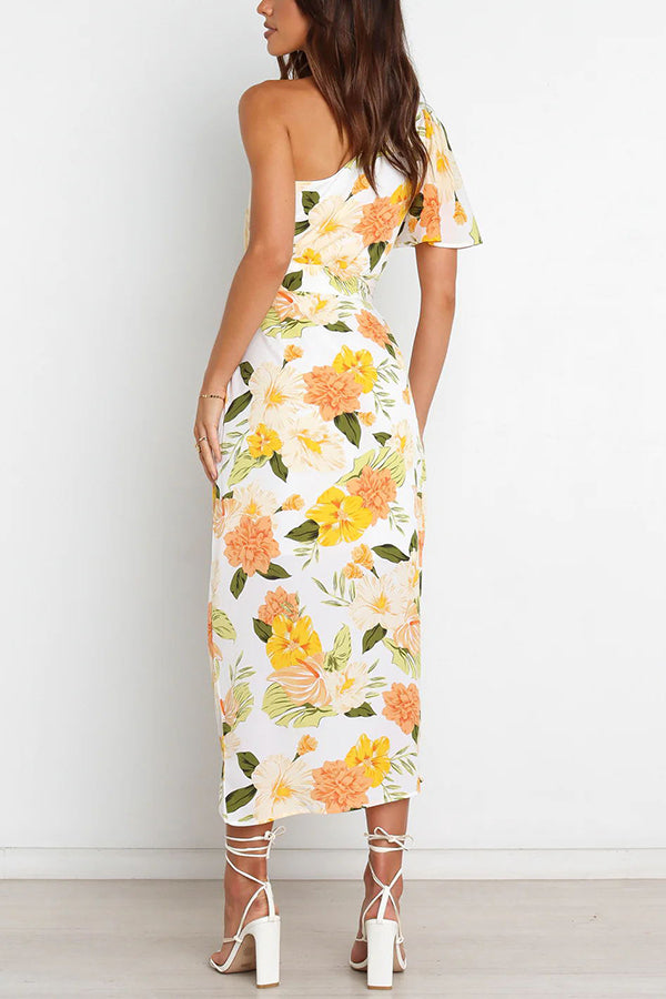 Kaycie Floral One Shoulder Belted Wrap Midi Dress