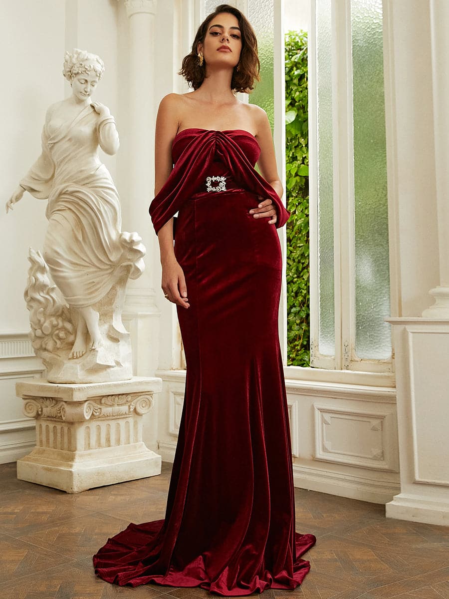 Open Back Long Velvet Wine Evening Dress XH2410