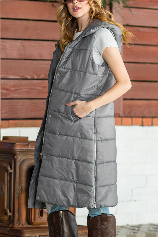 Hooded Pocketed Quilted Long Vest Coat