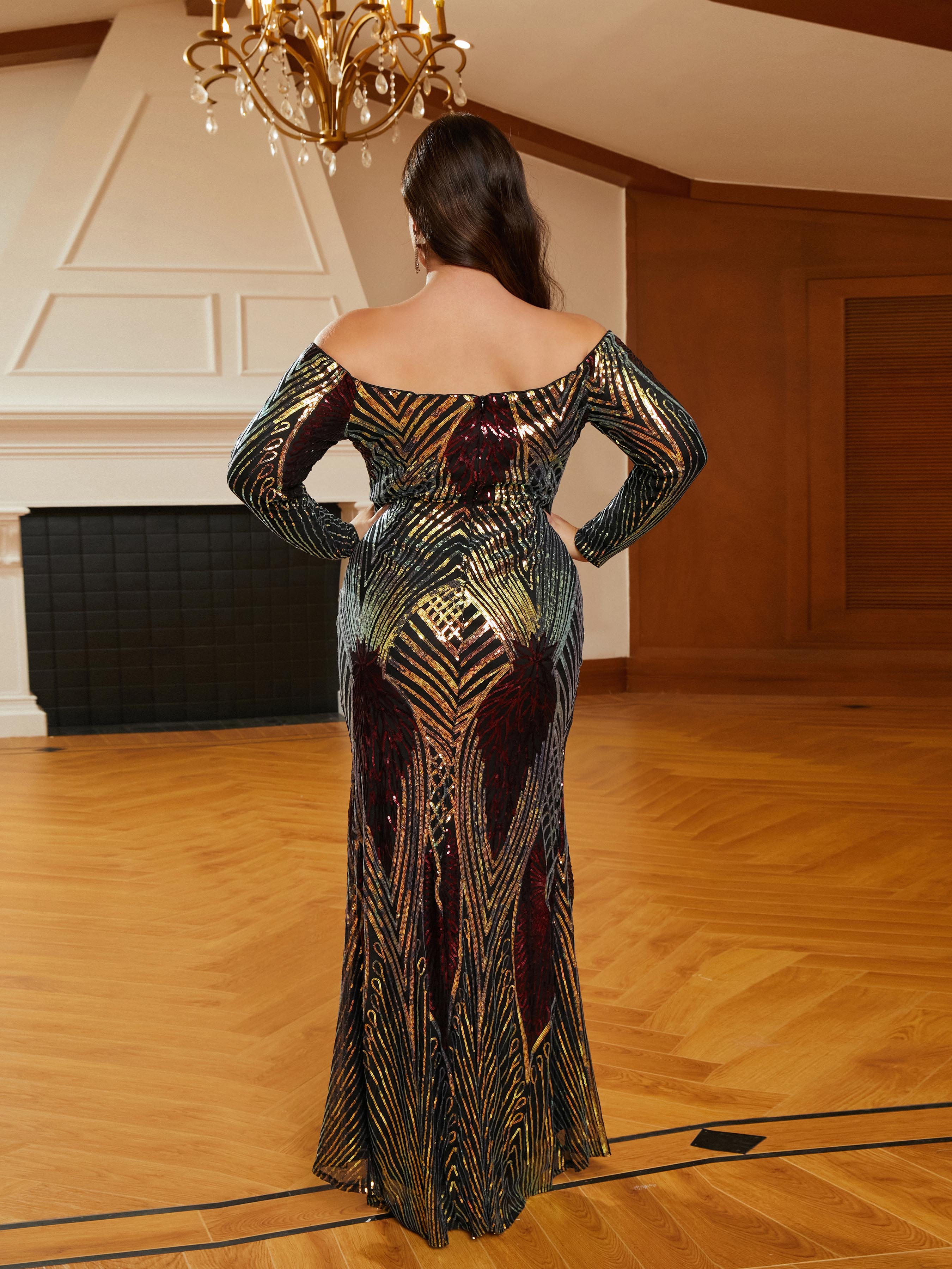 Plus Size Vintage Striped Sequin Black Prom Dress PJM083L